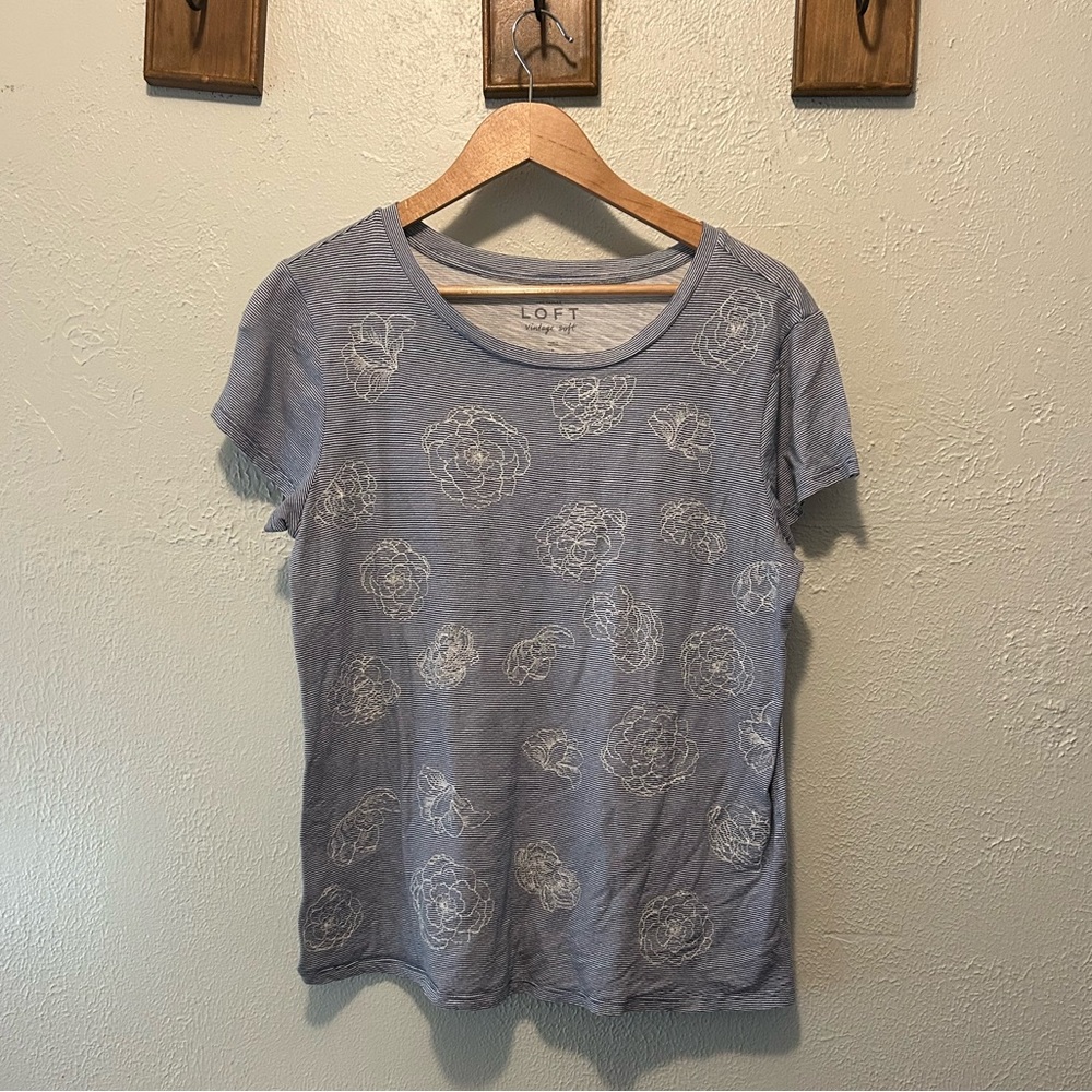 LOFT Blue Short Sleeve Tee with White Floral Design